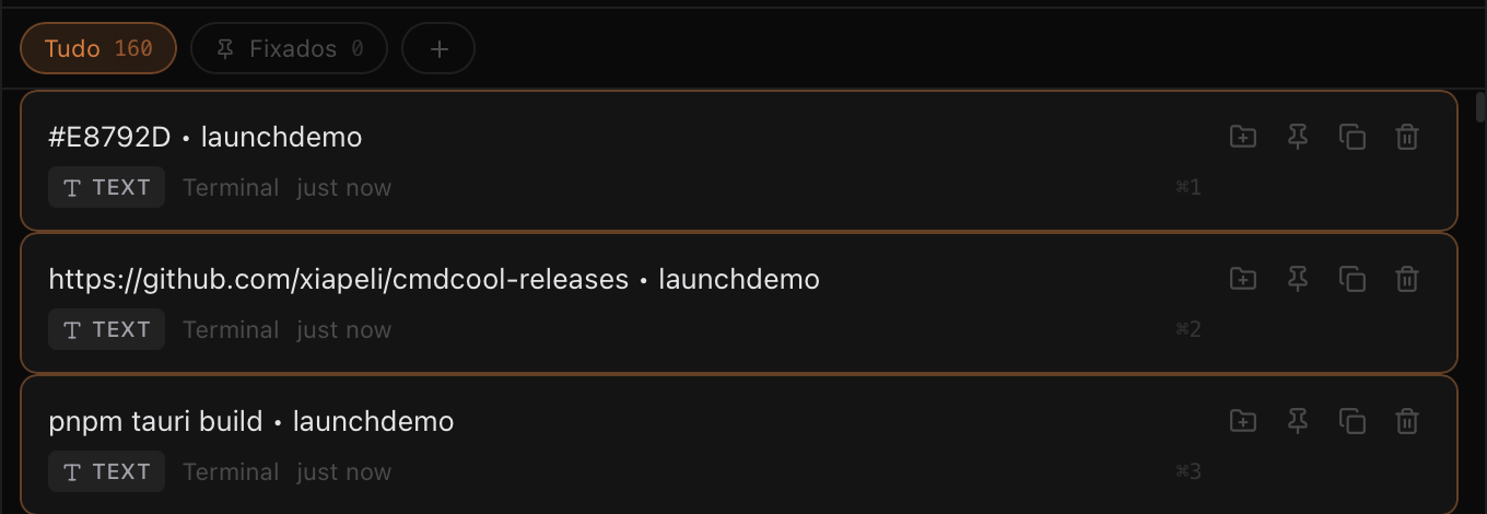 Real cmdcool window showing safe demo items in local clipboard history