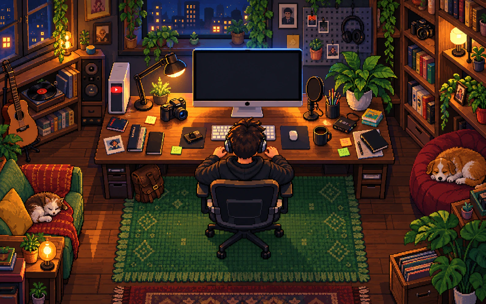 Estúdio de criação em pixel art, visto de cima, com um criador trabalhando no Mac