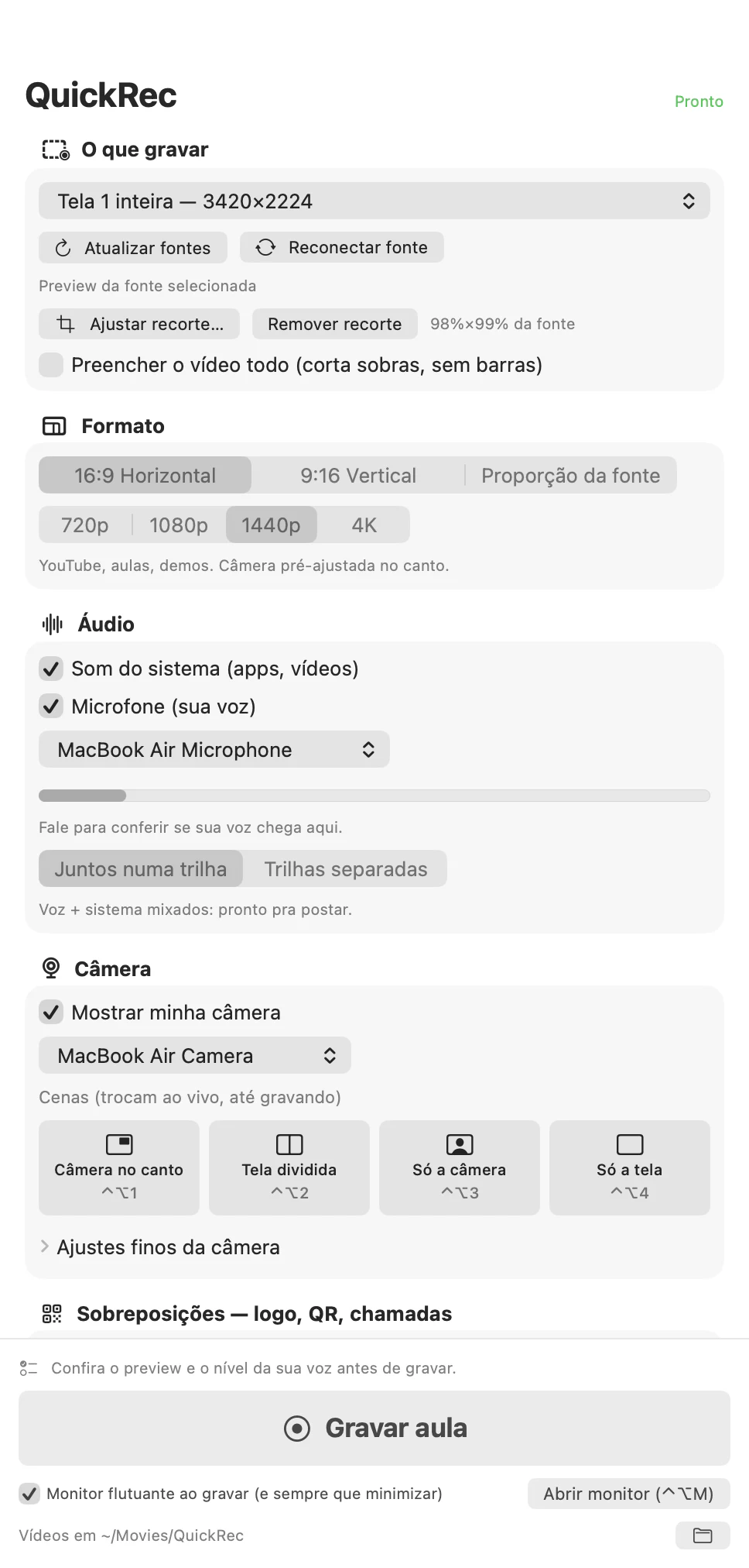 Captura real dos controles do QuickRec em execução